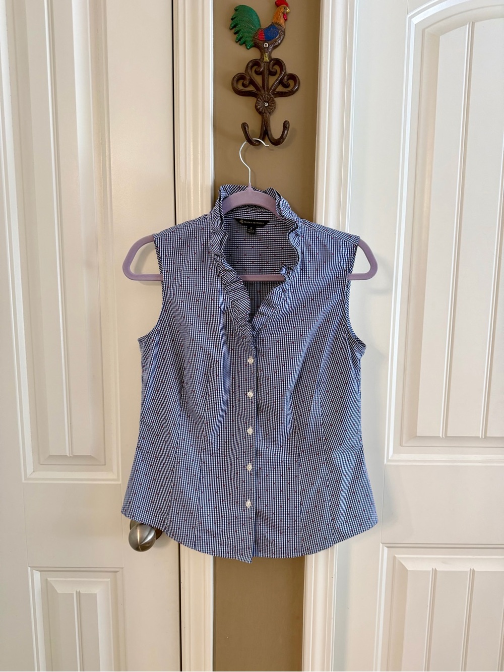 Brooks Brothers Blue and White Gingham Ruffle-Trim Sleeveless Button Top